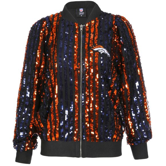 BNT Denver Broncos Two Tone Sequin Embellished Bomber Jacket - Picture 1 of 2